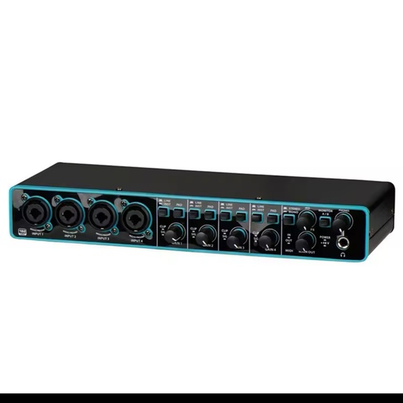 Black Audio Interface with Blue Accents